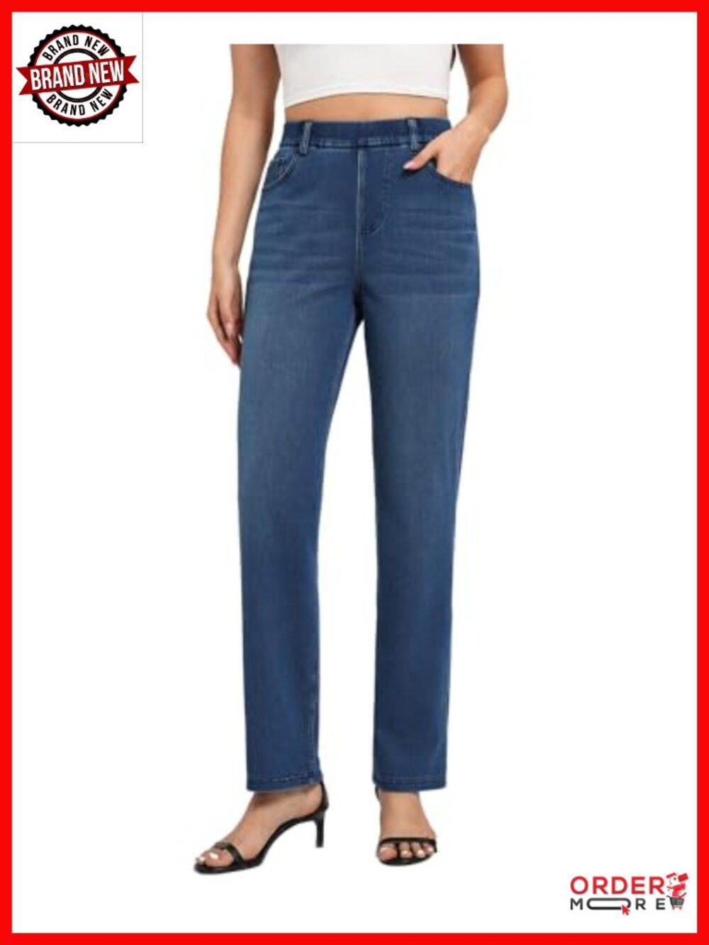 Straight Leg Pull On Jeans High Waisted Stretch Denim Pants